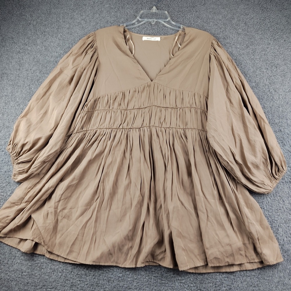 Mustard Seed Tan Smocked Babydoll Mini Dress Balloon Sleeve Sz Medium Stretch